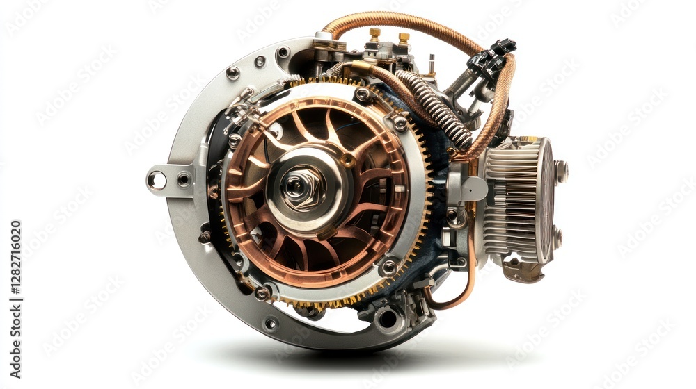Poster close-up of a complex, intricate engine mechanism with visible gears, pistons, and copper components