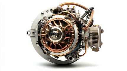 Close-up of a complex, intricate engine mechanism with visible gears, pistons, and copper components against a white background.