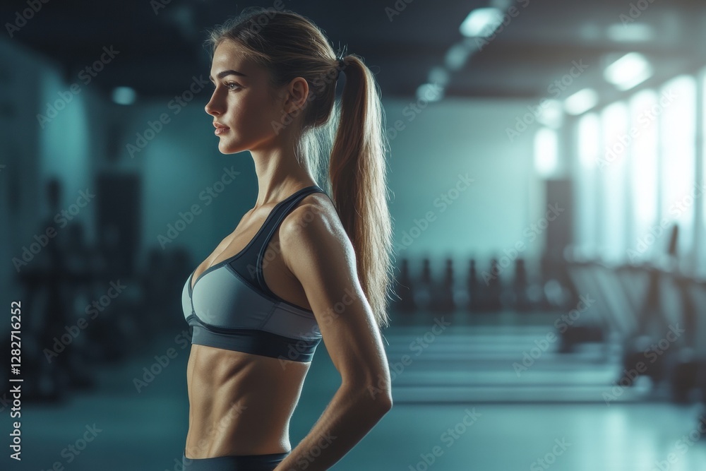Poster motivational transformation showcasing progress from slightly overweight to fit in a fitness studio 