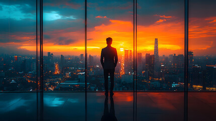 Entrepreneur standing near a large window overlooking the city skyline, determined mindset, bright atmosphere