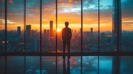 Fototapeta premium Entrepreneur standing near a large window overlooking the city skyline, determined mindset, bright atmosphere