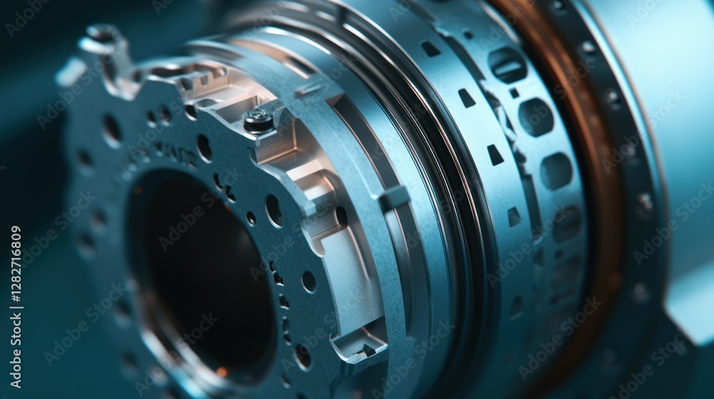 Poster close-up of a complex metallic industrial component, showcasing intricate details and precision engi