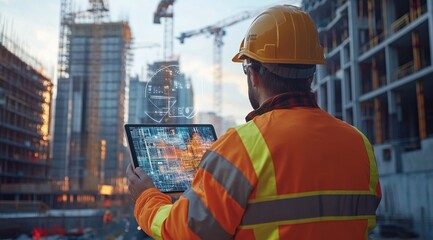 Construction Worker Reviews Digital Building Plans on Tablet,  Modern Technology Improves Efficiency on Site