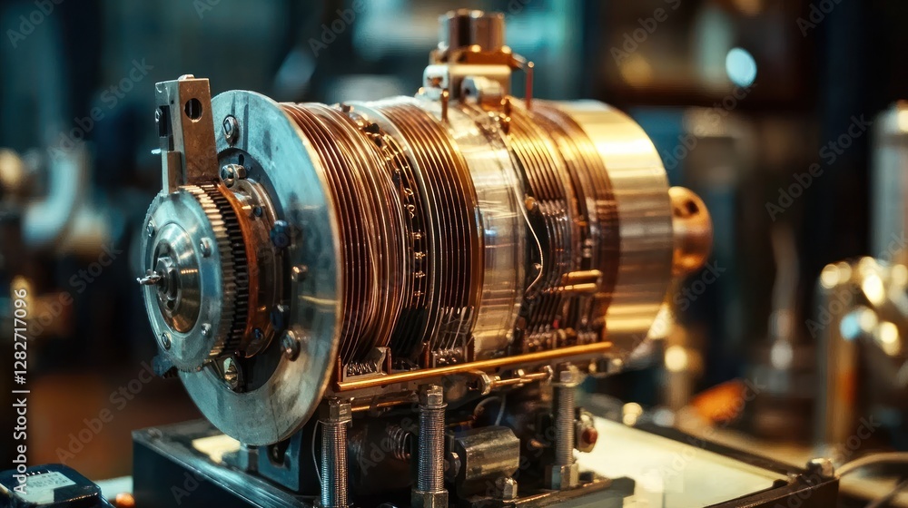 Poster close-up of a complex, metallic industrial machine with intricate gears and components.