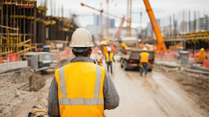 Construction Worker Overlooking Busy Site with Heavy Machinery and Building Framework