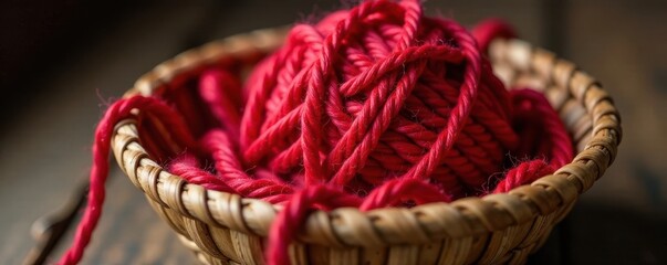 Red yarn thread ball tangled in a woven basket, yarn decoration, textile craft, basket weave
