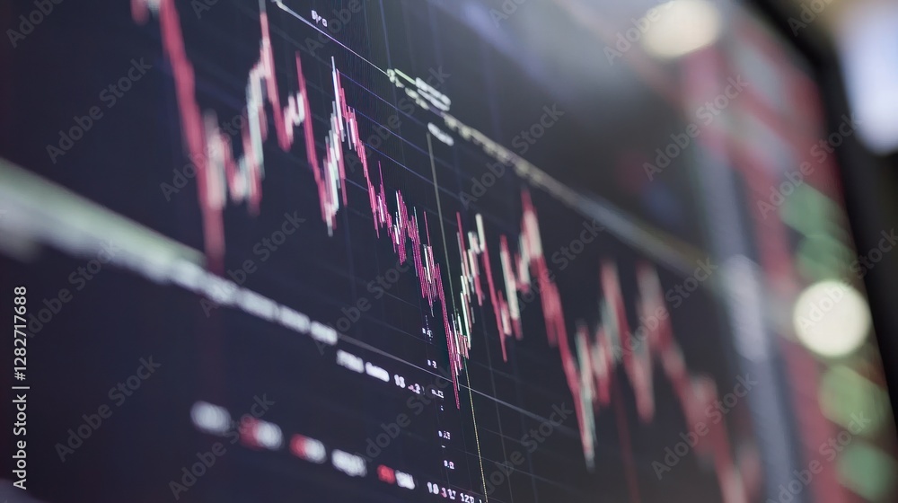 Poster close-up of a computer screen displaying a stock market graph with fluctuating lines indicating pric