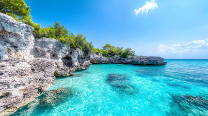 Obraz premium Secluded cove, turquoise water, rocky shore, sunny day, travel brochure