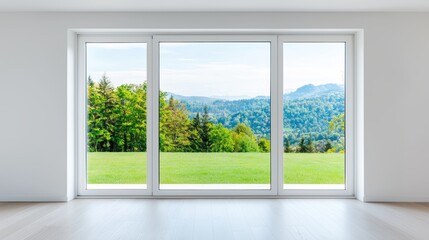 Obraz premium Modern Interior with Large Windows Overlooking Scenic Mountain Landscape and Greenery