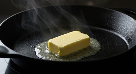 Yellow butter block melting gently on black frying pan with rising steam