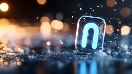 Glowing letter N in glass cube, splashing water, dark bokeh background; futuristic technology concept for websites or presentations