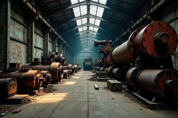 Naklejka premium Rusty industrial machinery in a dimly lit abandoned warehouse, machinery, blue