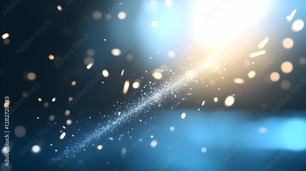 Poster glowing particles streak across a dark blue background, creating a dynamic light effect. ideal for p
