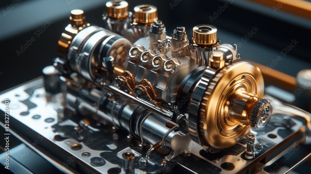 Poster close-up of a detailed metallic engine model with gold accents, showcasing intricate internal compon