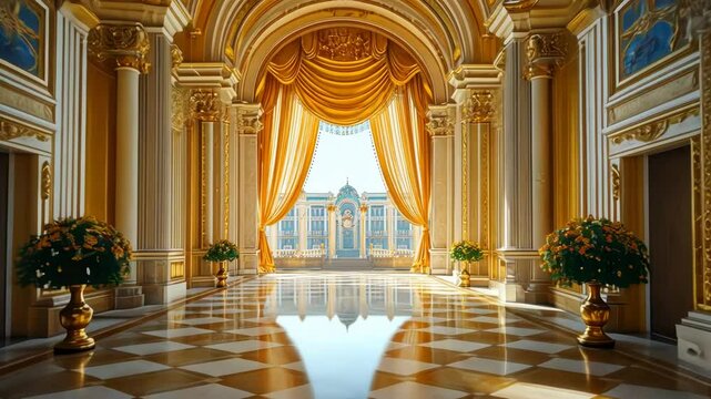 Grand opulent hallway with luxurious curtains and decorative elements, showcasing an elegant palace view