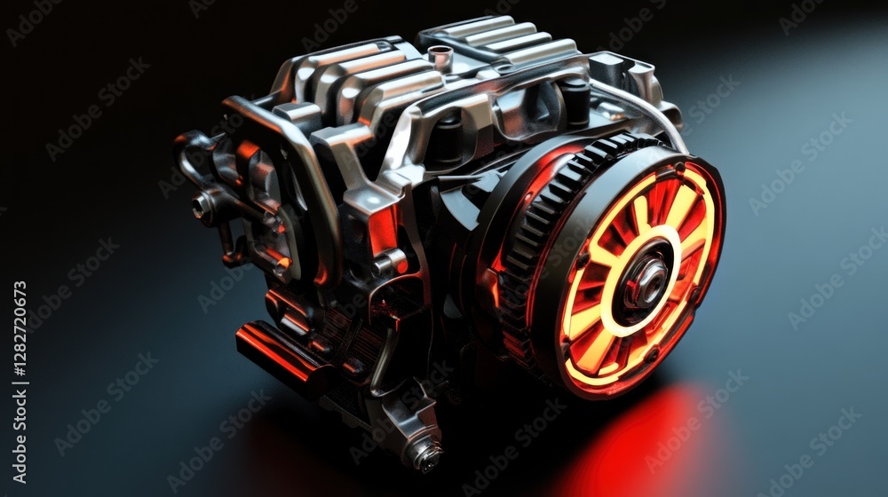 Poster close-up of a detailed, powerful engine with glowing components against a dark background.