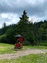 Red water well in the forest