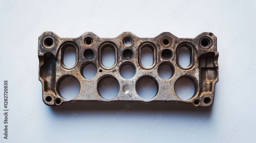Aufkleber Close-up of a dirty, used, metallic engine part with multiple holes and a rusty surface, isolated on a white background.