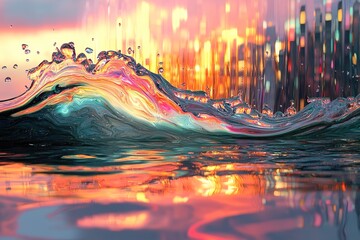 A mesmerizing wave is illuminated by the sunset reflecting lights