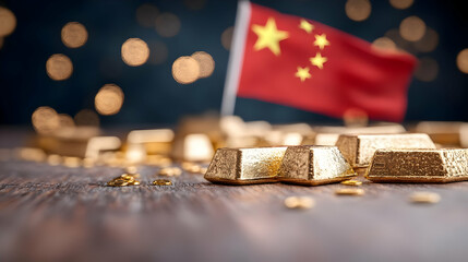 Gold bars and Chinese flag, financial market, global economy, investment and wealth concept, ideal for news articles and business reports