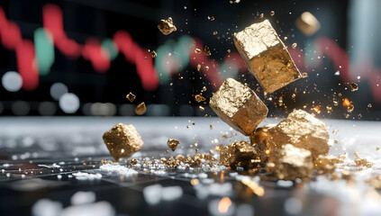 Gold bars crashing, stock market chart background;  financial crisis, investment risk concept; ideal for finance news, articles, or websites