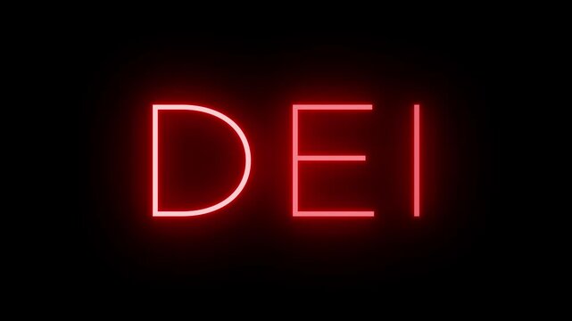 Flickering red retro style neon sign glowing against a black background for DEI illustrating the social issue of diversity, equity, and inclusion