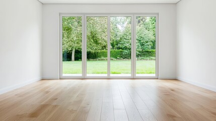Obraz premium Bright and Spacious Empty Room with Large Windows Overlooking Green Outdoor Landscape