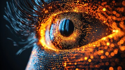 Close-up of a glowing eye with digital overlay, representing technology