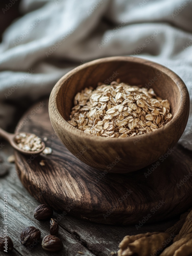 Leinwandbilder oats in a wooden bowl placed on a rustic surface with a small spoon beside it. generative ai