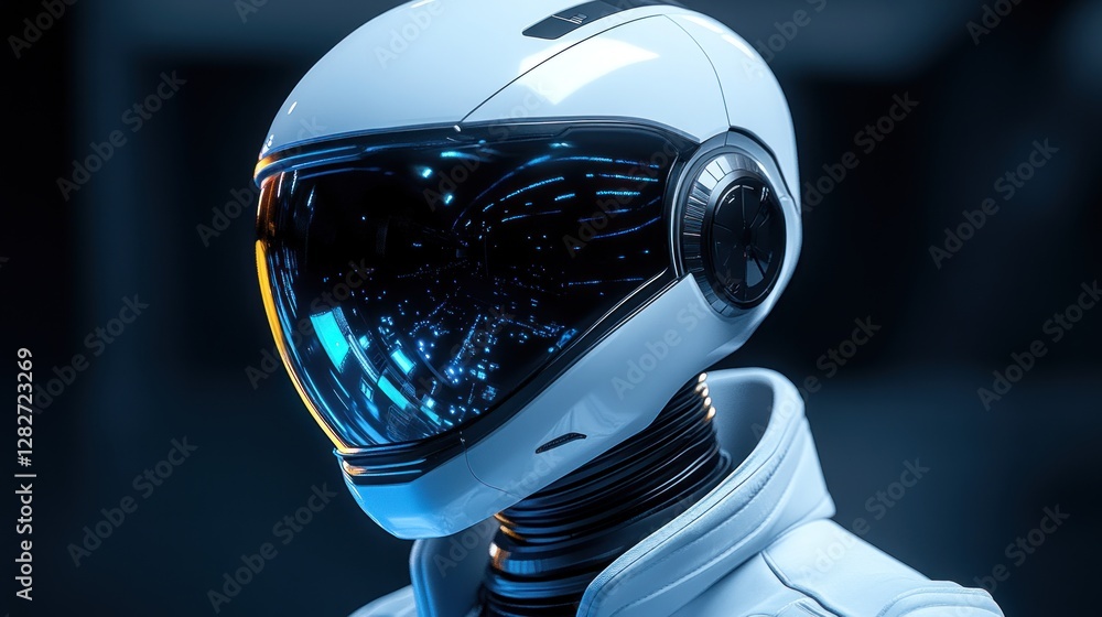 Poster close-up of a futuristic white robot's helmet with glowing blue visor.