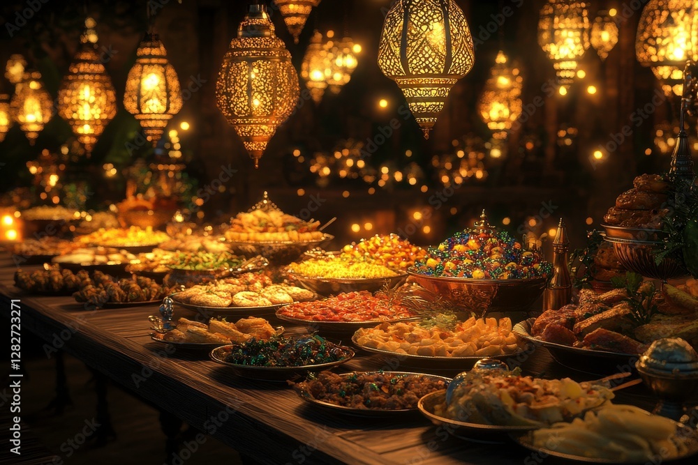 Poster a beautifully arranged table filled with an array of colorful dishes, illuminated by ornate lanterns