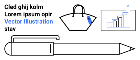 Handbag with price tag, bar chart with upward arrow, text elements, and pen emphasize commerce, growth, productivity, marketing, sales, strategies ideal for flat landing page banner