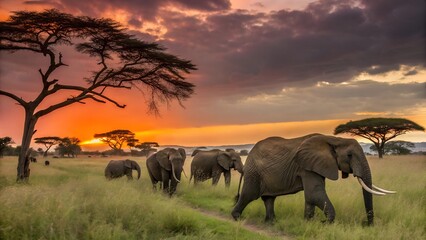 Fototapeta premium African Elephant Herd at Sunset: Witness the majestic silhouette of a herd of African elephants gracefully traversing the savanna, framed by the warm hues of a breathtaking sunset and acacia trees.