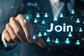 A businessman clicking "Join" on a virtual community platform, with digital avatars appearing.