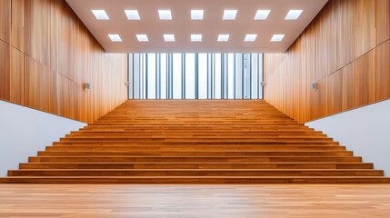 Fototapeta premium Modern Interior of a Bright Space Featuring Wooden Steps and Elegant Lighting Design