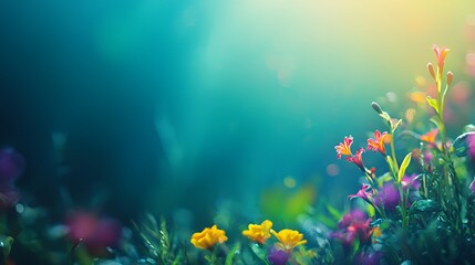 Fototapeta na wymiar Vibrant Colorful Flowers in a Soft Teal and Blue Background