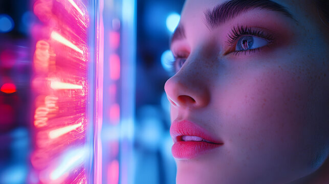 CGI beauty influencer testing a new makeup product in a high-tech environment, futuristic product demonstration, copy space
