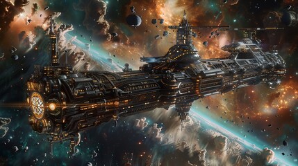 A highly detailed ship exploring the universe, with photorealistic details and intricate designs