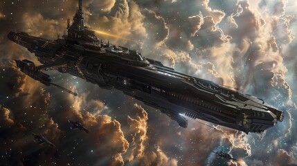 A highly detailed ship exploring the universe, with photorealistic details and intricate designs