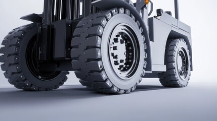 Close-up of a gray forklift's front wheels and tires against a light gray background.