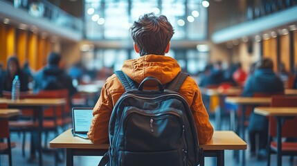 solitary student with backpack using laptop in classroom focused on online education digital learning university study modern technology and independent academic workspace for knowledge development