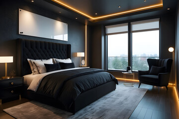 Modern style black bedroom interior with empty wall 3d render decorated with dark gray fabric and leather furniture