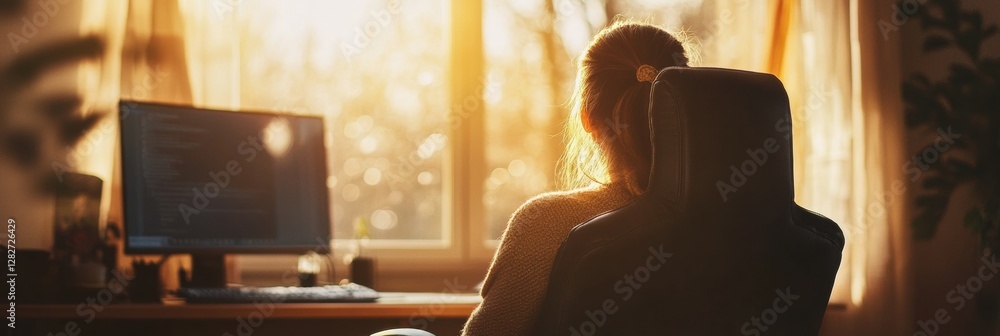 Poster woman working from home during sunset by the window with a computer and warm light. generative ai