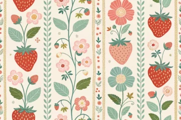 Gardinen Küche Muster  Vintage Strawberry Pattern – Retro Floral Stripes & Pastel Cottagecore Design  © Nizam