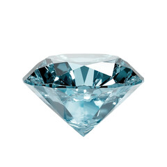 Blue diamond gemstone placed on a smooth black surface with a dramatic contrast in lighting and texture on white background , cut out.