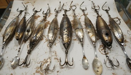 Exhibition of pirated copies of fishing metal spoon baits.