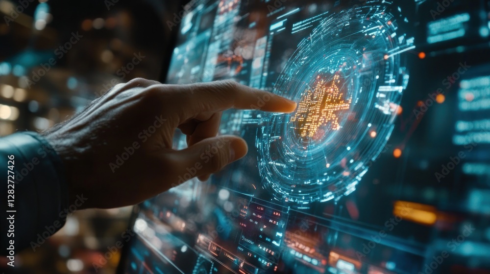 Poster close-up of a hand interacting with a futuristic digital interface, displaying complex data visualiz
