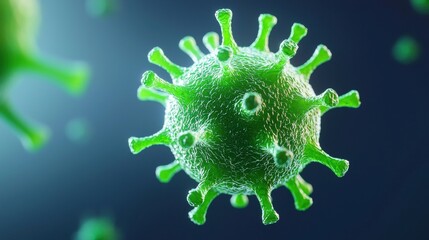 Fototapeta premium Close-up of Green Virus Cell with Detailed Structure on Dark Background for Medical Illustrations