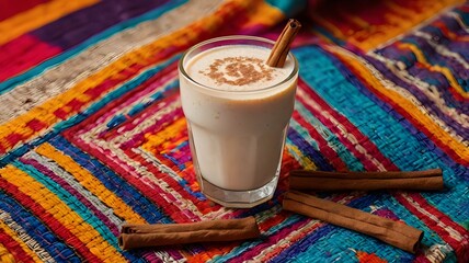 A glass of creamy Mexican horchata, with a cinnamon stick inside, placed on a colorful traditional woven textile, evoking warm and festive cultural vibes.