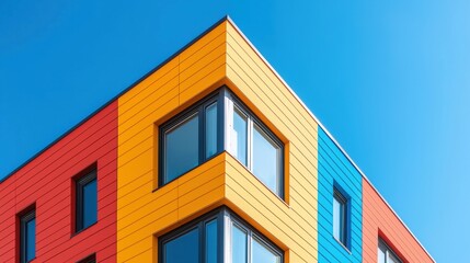 Vibrant Modern Architecture with Colorful Facade against a Clear Blue Sky